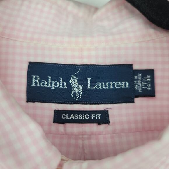 Ralph Lauren Mens White Pink Gingham Classic Fit Button Down Shirt Size 17.5 - Picture 2 of 3